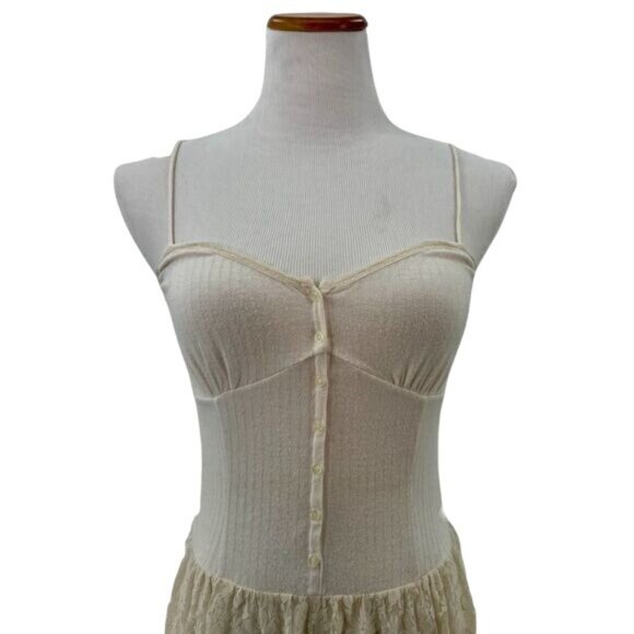 RARE Intimately Free People Boho Cottagecore Cream Lace Henley Maxi Slip Dress - Picture 3 of 16